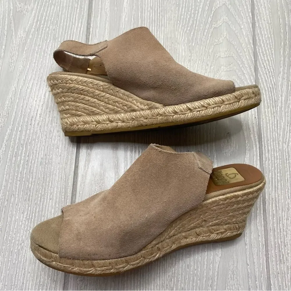 Kanna Tan Suede Leather Peep Toe Espadrille Wedges Size 7.5 EU 38
